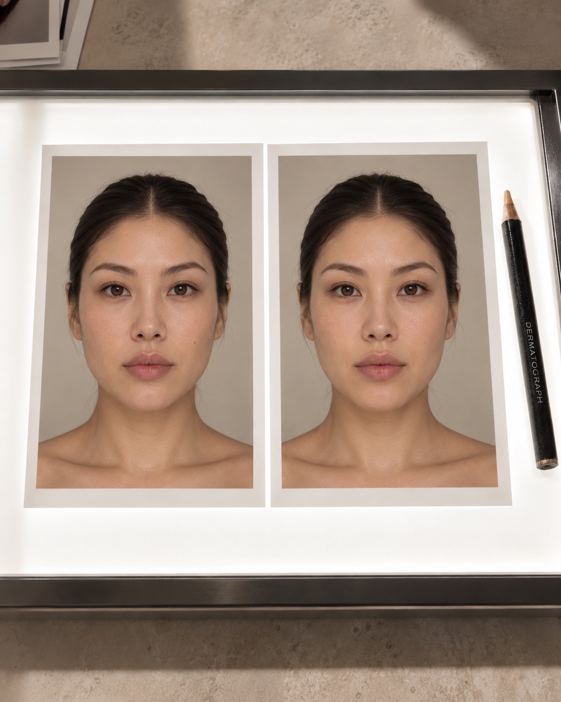 Two photographs side by side on a light table, a baseline and a review
