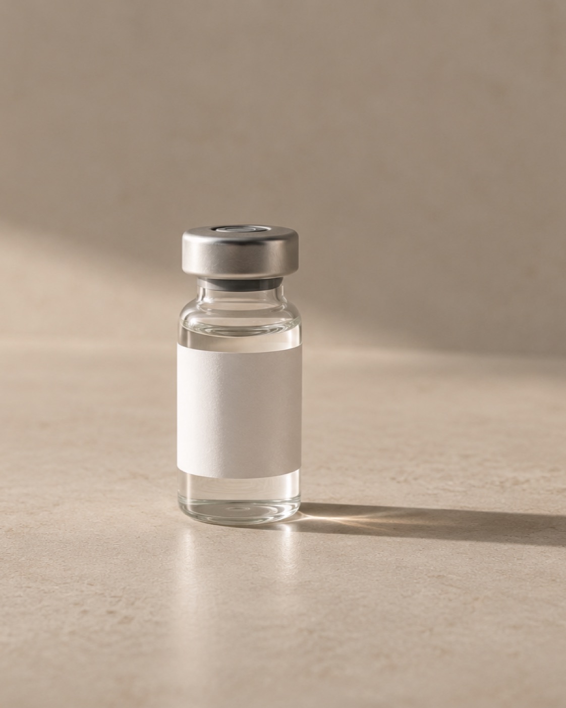 A sealed vial standing alone on a pale ground